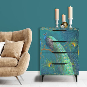Moonlight Peacock n Feathers Gold Teal Decoupage Tissue Paper