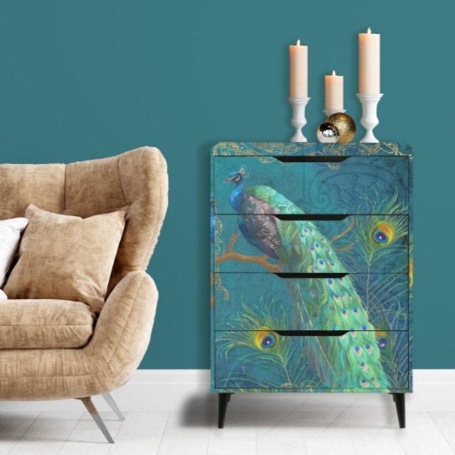 Moonlight Peacock n Feathers Gold Teal Decoupage Tissue Paper (Creator Uploaded)