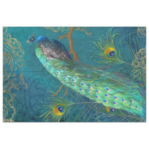 Moonlight Peacock n Feathers Teal Gold Decoupage Tissue Paper