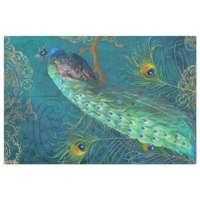 Moonlight Peacock n Feathers Teal Gold Decoupage Tissue Paper | Zazzle