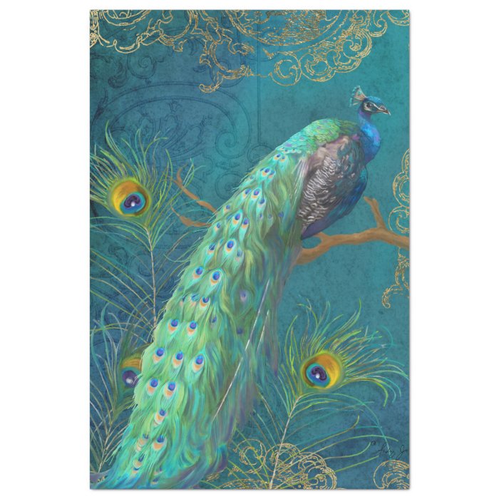 Moonlight Peacock n Feathers Teal Gold Decoupage Tissue Paper