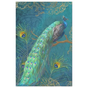 Moonlight Peacock n Feathers Teal Gold Decoupage Tissue Paper | Zazzle