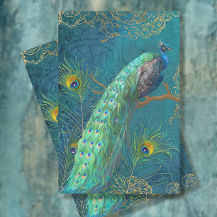 Moonlight Peacock n Feathers Teal Gold Decoupage Tissue Paper