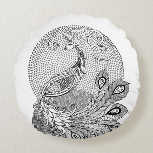 Moonlight Peacock Round Pillow (Front)