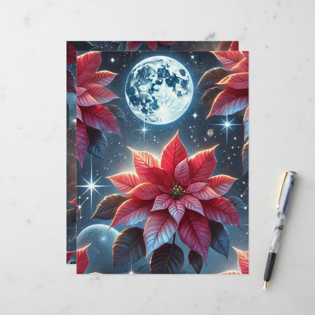 Moonlight Poinsettia Pattern Scrapbook Paper Sheet (Front/Back In Situ)