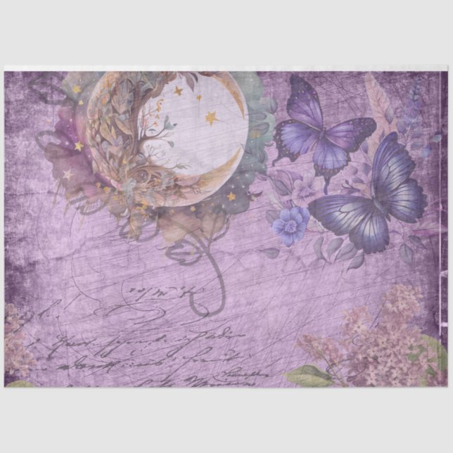 Moonlight Purple Moth Butterflies Lilac Flowers Tissue Paper (Front)