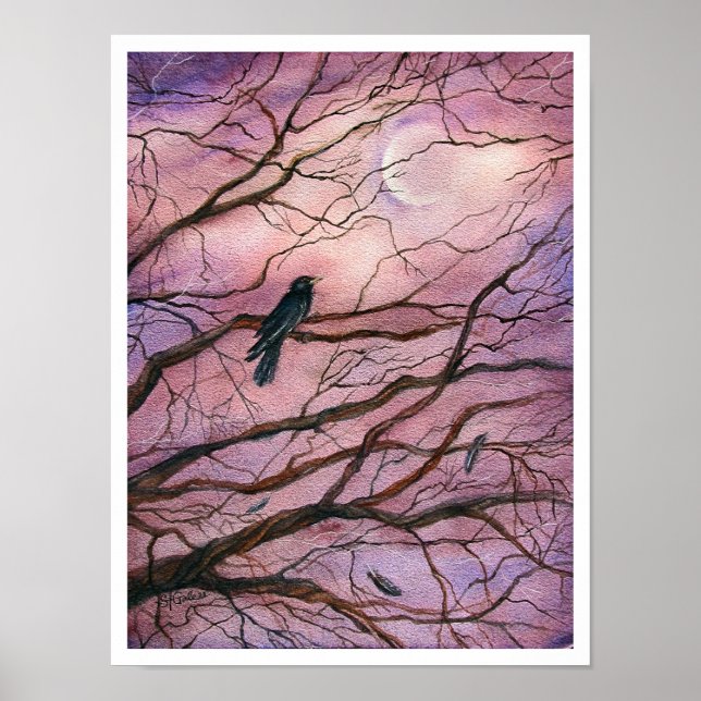 Moonlight Raven Watercolor Art Poster (Front)