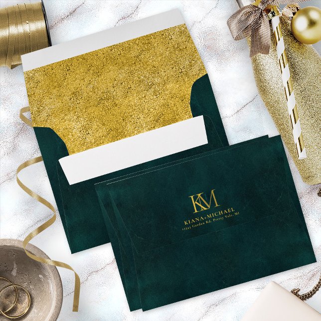 Moonlight Romance Emerald Green/Pebbled Gold ID881 Envelope (Interior/Back In Situ)
