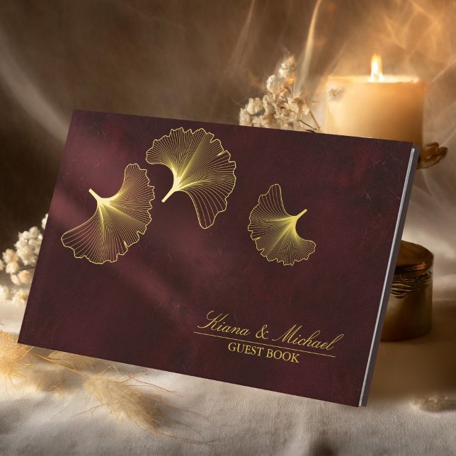 Moonlight Romance Wedding Burgundy Gold ID881 Foil Guest Book (Creator Uploaded)