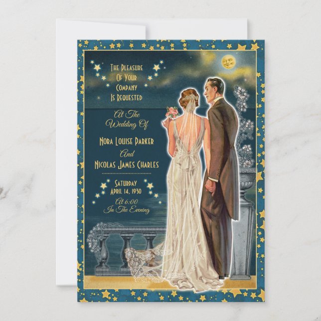 Moonlight Romance Wedding Invitations - Brunette (Front)