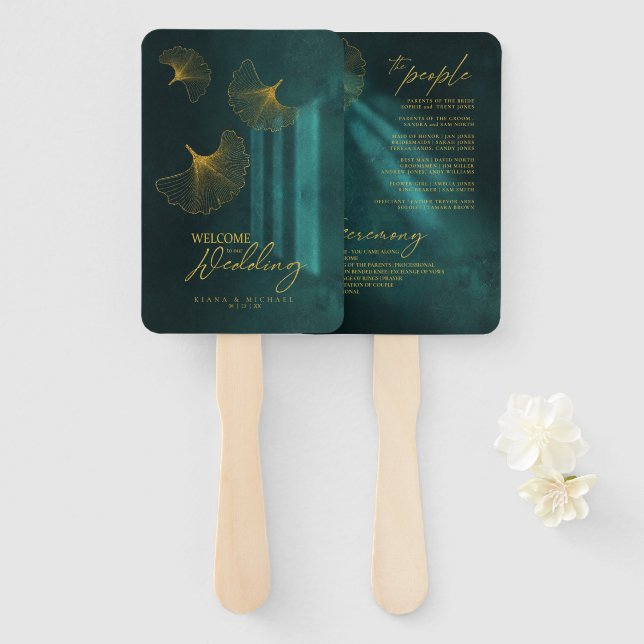 Moonlight Romance Wedding Program Emerald Gr ID881 Hand Fan (Front and Back)