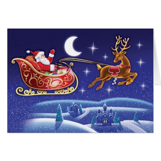 Moonlight Santa and sleigh Christmas card (Front Horizontal)