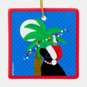 Moonlight Santa Black Dog Trimming Palm Tree Ceramic Ornament