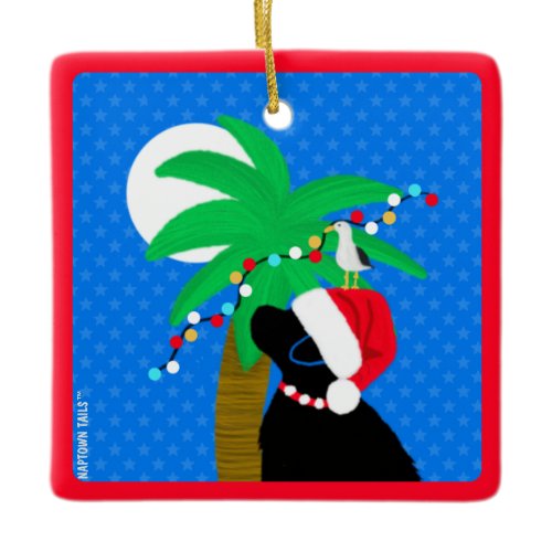 Moonlight Santa Black Dog Trimming Palm Tree Ceramic Ornament