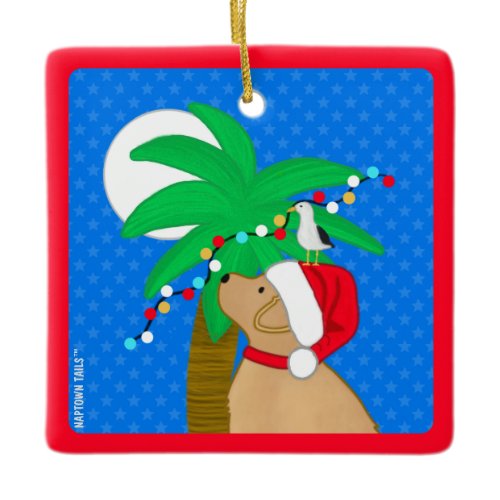 Moonlight Santa Yellow Dog Trimming Palm Tree Ceramic Ornament