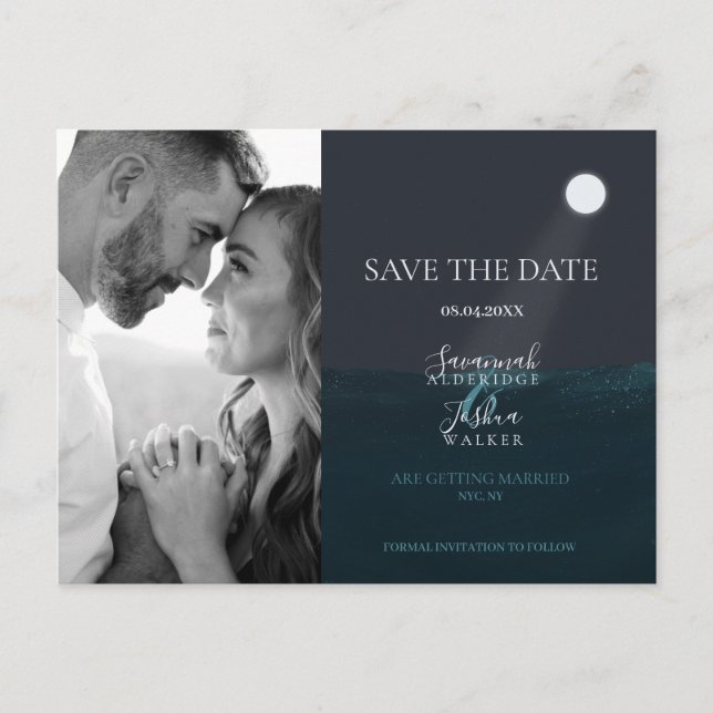 Moonlight Sea Photo Save‑the‑Date Postcard (Front)