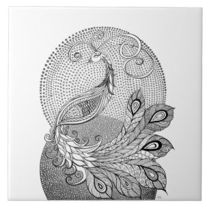 Moonlight Silver and White Peacock Ceramic Tile