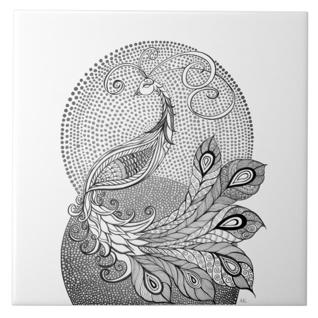 Moonlight Silver and White Peacock Ceramic Tile (Front)
