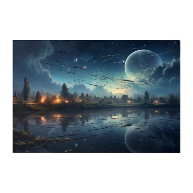 Moonlight Starry Night Landscape Acrylic Wall Art (Front)