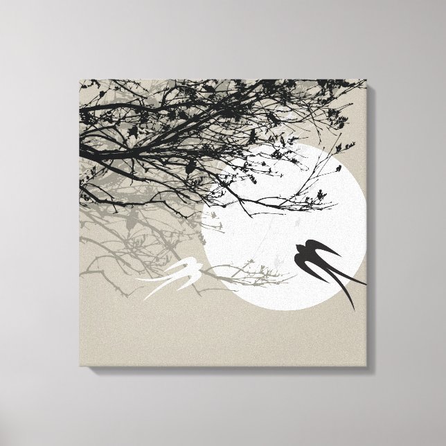 Moonlight Swallows Silhouette Gray Wrapped Canvas (Front)