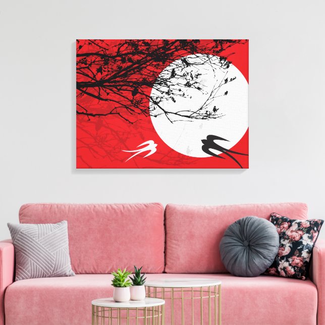 Moonlight Swallows Silhouette Red Wrapped Canvas Print (Insitu(LivingRoom))
