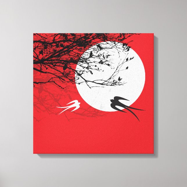 Moonlight Swallows Silhouette Red Wrapped Canvas Print (Front)