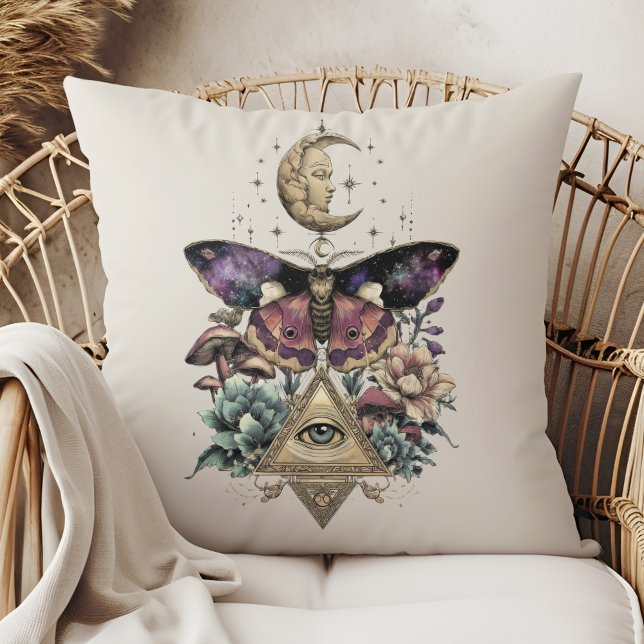 Moonlight Vision Moth – Celestial Lunar  Throw Pillow (Moonlight Vision Moth – Celestial Lunar Throw Pillow in a boho rattan armchair)