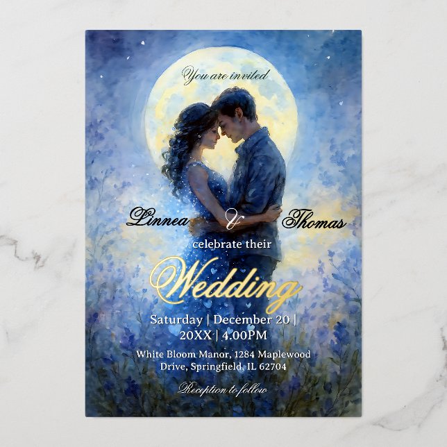 Moonlight Wedding Celestial Love Night Sky Theme Foil Invitation (Front)