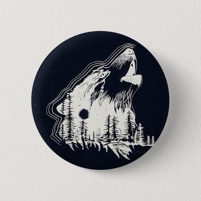 Moonlight Winter Wolf Pine Tree Forest Button (Front)