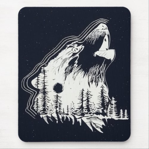Moonlight Winter Wolf Pine Tree Forest Mouse Pad