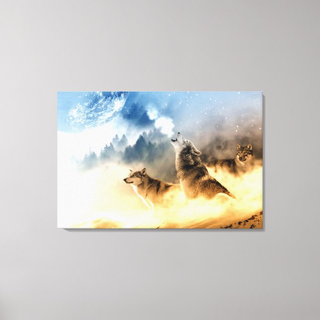 Moonlight wolf  in mountain forest photo print. canvas print (Front)