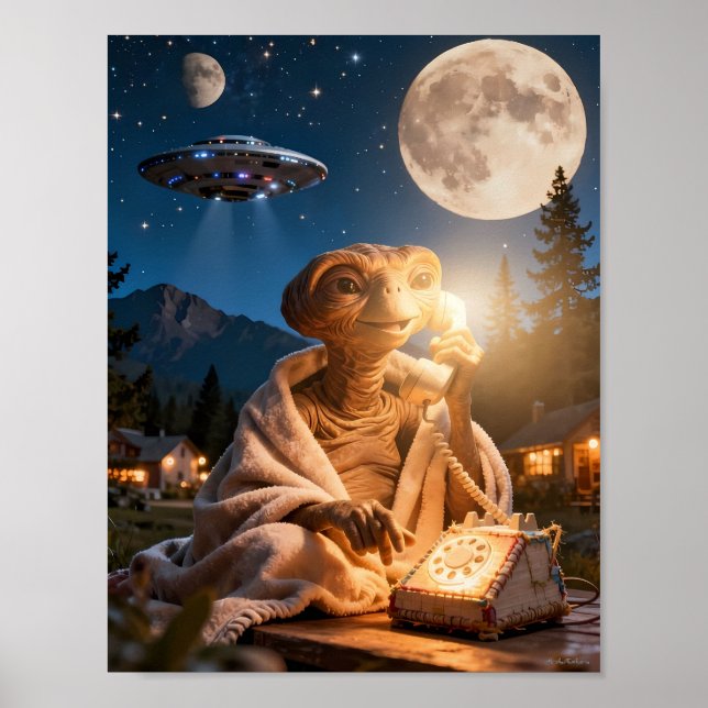 Moonlit Alien Calling Home Scene Poster (Front)