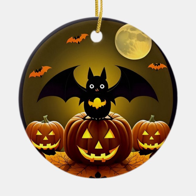 🌕🦇 Moonlit Bat & Pumpkin Spooky Cute Night ✨🎃 Ceramic Ornament (Front)