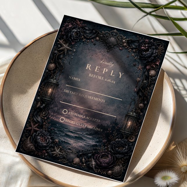Moonlit Beach Goth Wedding RSVP Card (Creator Uploaded)