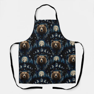Moonlit Bear Watercolor Pattern Celestial Forest Apron