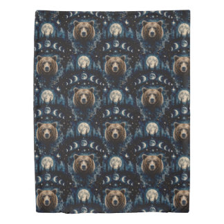 Moonlit Bear Watercolor Pattern | Celestial Forest Duvet Cover