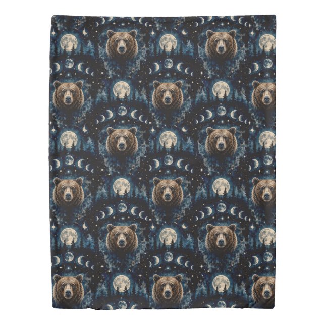 Moonlit Bear Watercolor Pattern | Celestial Forest Duvet Cover (Front)