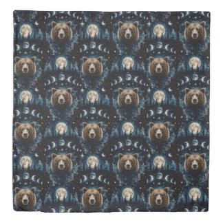 Moonlit Bear Watercolor Pattern | Celestial Forest Duvet Cover