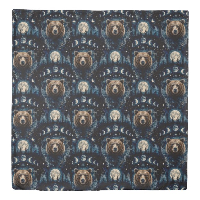 Moonlit Bear Watercolor Pattern | Celestial Forest Duvet Cover (Front)