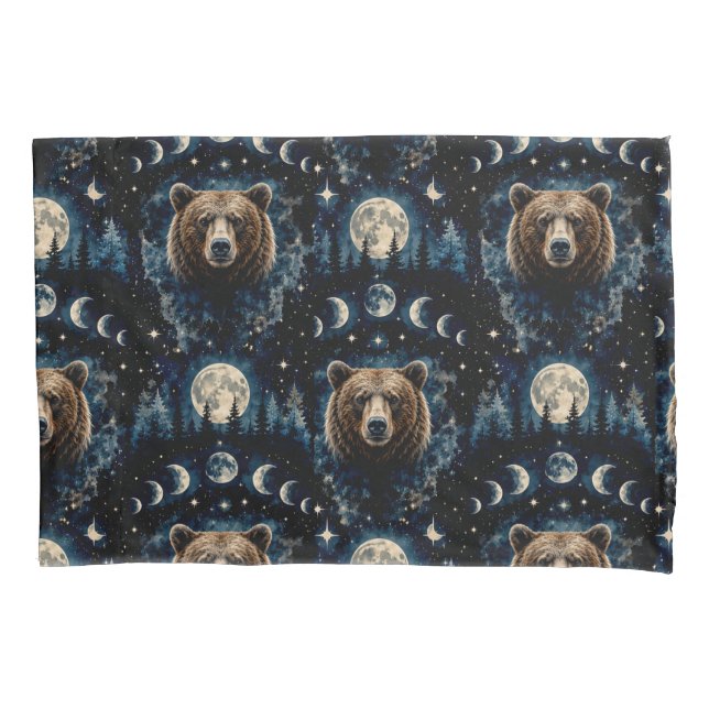 Moonlit Bear Watercolor Pattern | Celestial Forest Pillow Case (Front)