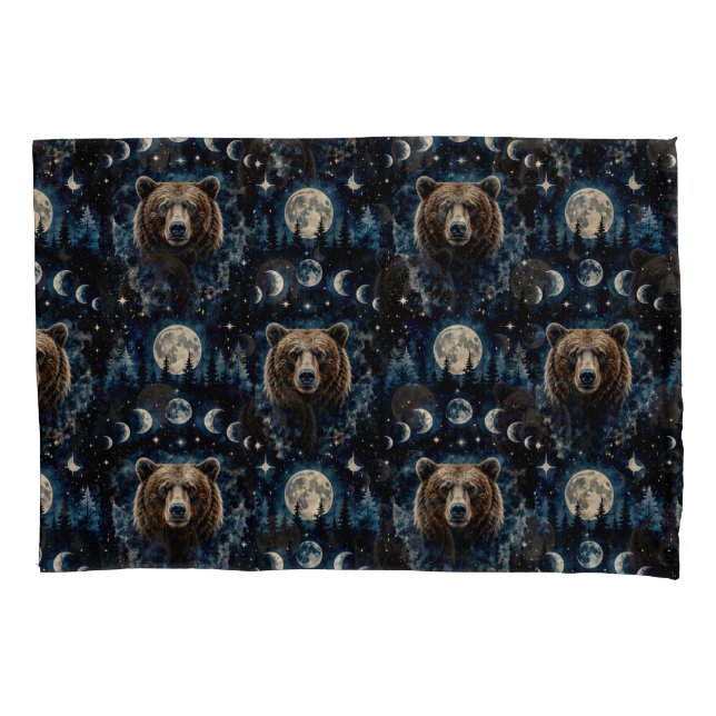Moonlit Bear Watercolor Pattern | Celestial Forest Pillow Case (Front)