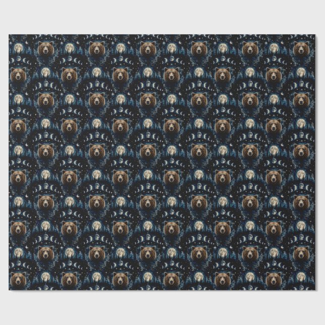 Moonlit Bear Watercolor Pattern | Celestial Forest Wrapping Paper (Flat)