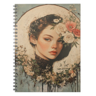 Moonlit Beauty - Woman with Flower and Full Moon Notebook