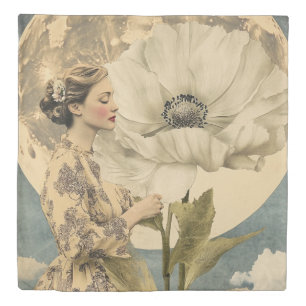 Moonlit Beauty – Woman with White Flower and Moon Duvet Cover