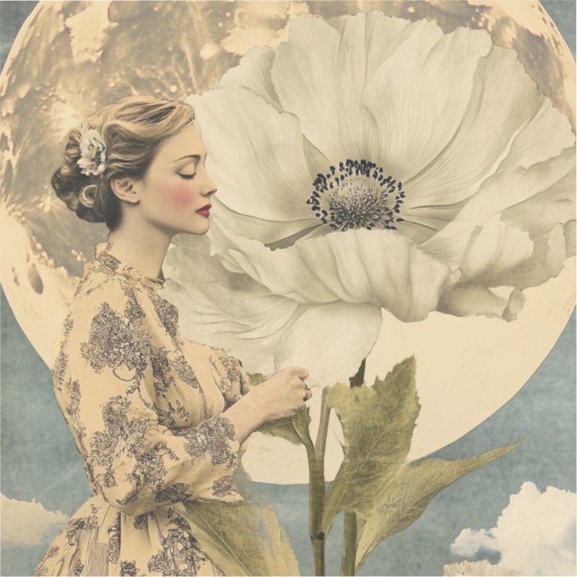 Moonlit Beauty – Woman with White Flower and Moon Sticker (Front)