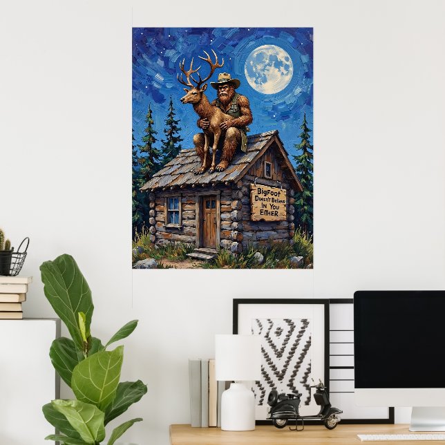 Moonlit Belief: Bigfoot's Cabin Companion Poster (Home Office)