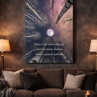 Moonlit Birch Forest Wall Art with Quote