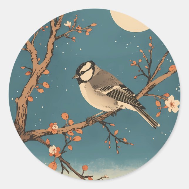 Moonlit Bird on Blossom Branch Stickers (Front)