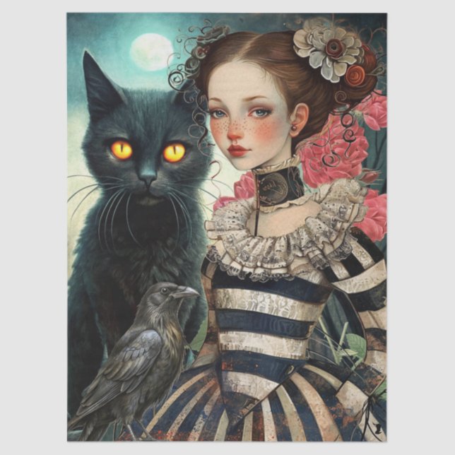 Moonlit Black Cat Goth Girl & Raven Decoupage Tissue Paper (Front)
