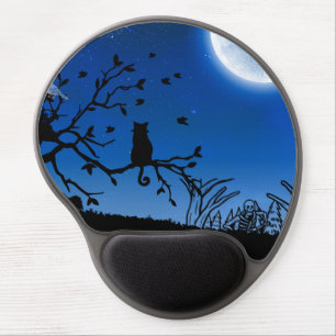 Moonlit Black Cat on Tree Silhouette Gel Mouse Pad